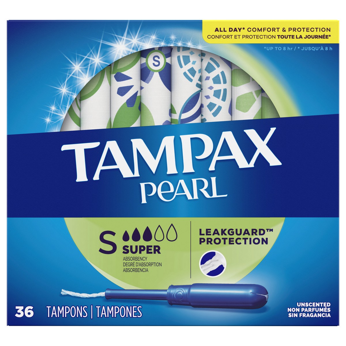 slide 1 of 8, Tampax Pearl Tampons Super Absorbency with BPA-Free Plastic Applicator and LeakGuard Braid, Unscented, 36 Count, 36 ct