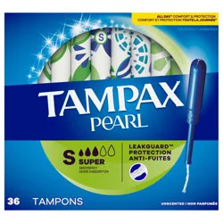 Tampax Pearl Tampons, with LeakGuard Braid, Super Absorbency, Unscented, 36 Count