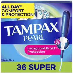Tampax Pearl Tampons, with LeakGuard Braid, Super Absorbency, Unscented, 36 Count