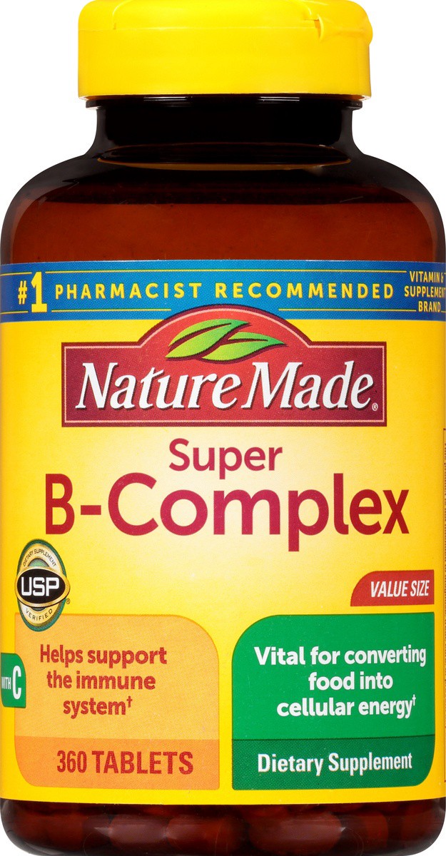 slide 3 of 9, Nature Made Super B Complex with Vitamin C and Folic Acid, Dietary Supplement for Immune Support, 360 Tablets, 360 Day Supply, 360 ct