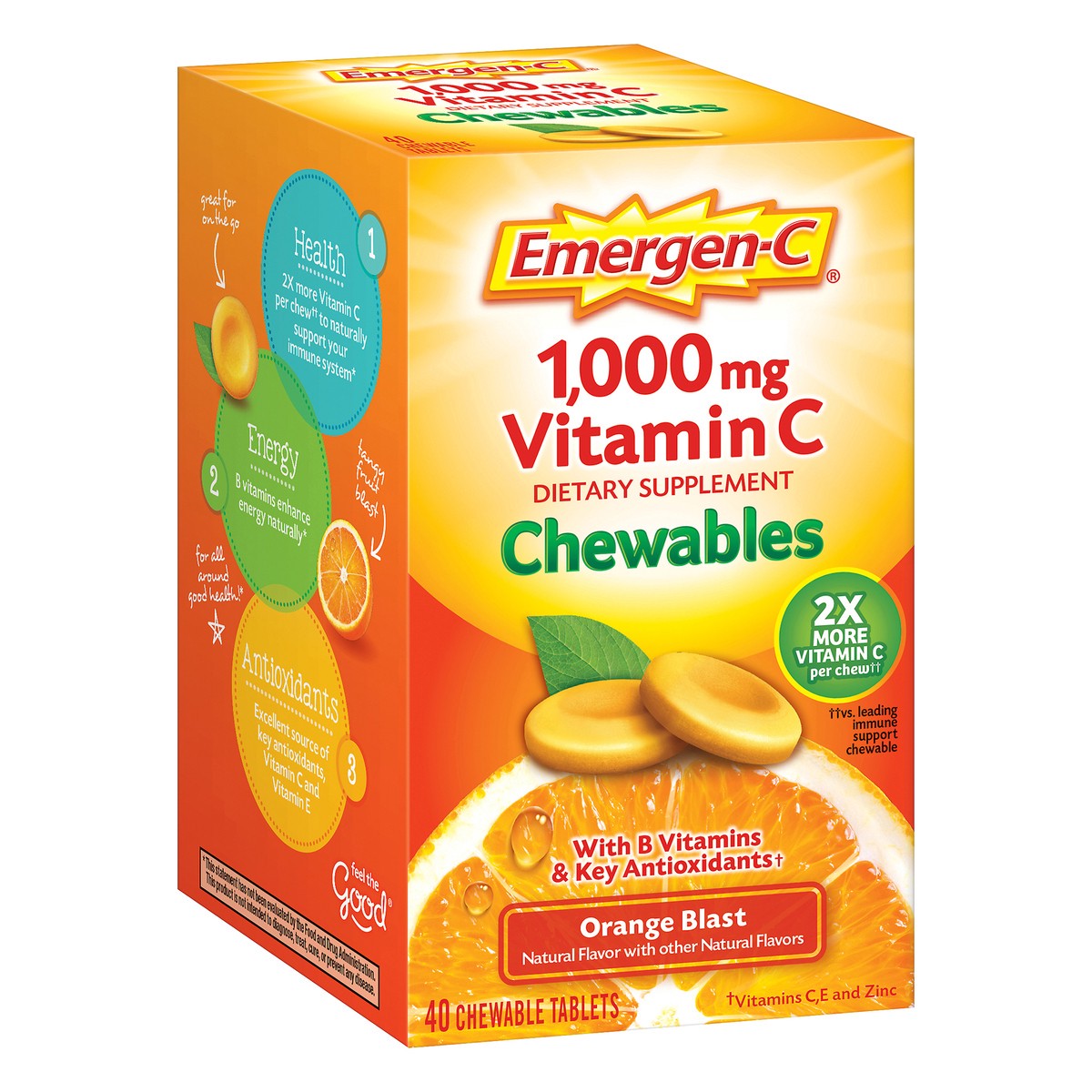 slide 6 of 8, Emergen-C Chewable Orange Flavored Tablet, 40Ct, 1000 mg