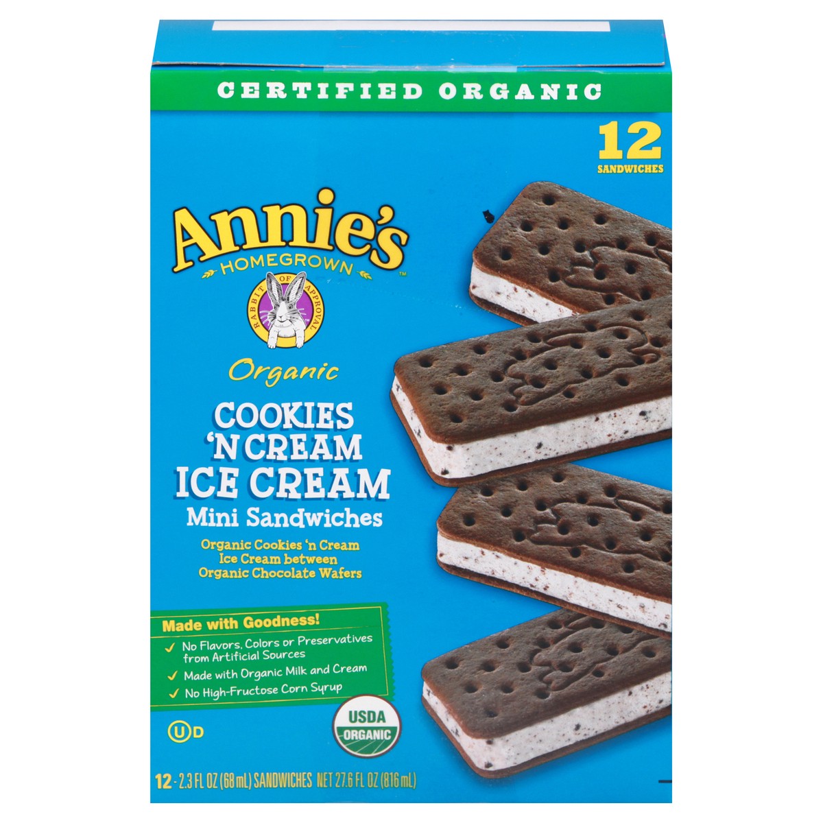 slide 1 of 12, Annie's Organic Mini Cookies 'N Cream Ice Cream Sandwiches 12 ea, 12 ct