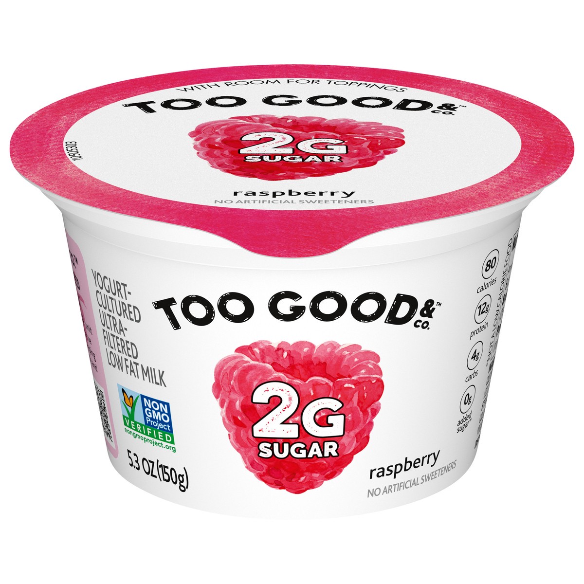 slide 1 of 5, Too Good & Co. Raspberry Flavored Lower Sugar, Low Fat Greek Yogurt Cultured Product, Gluten Free, Keto Friendly Healthy Snacks, 5.3 OZ Cup, 5.3 oz