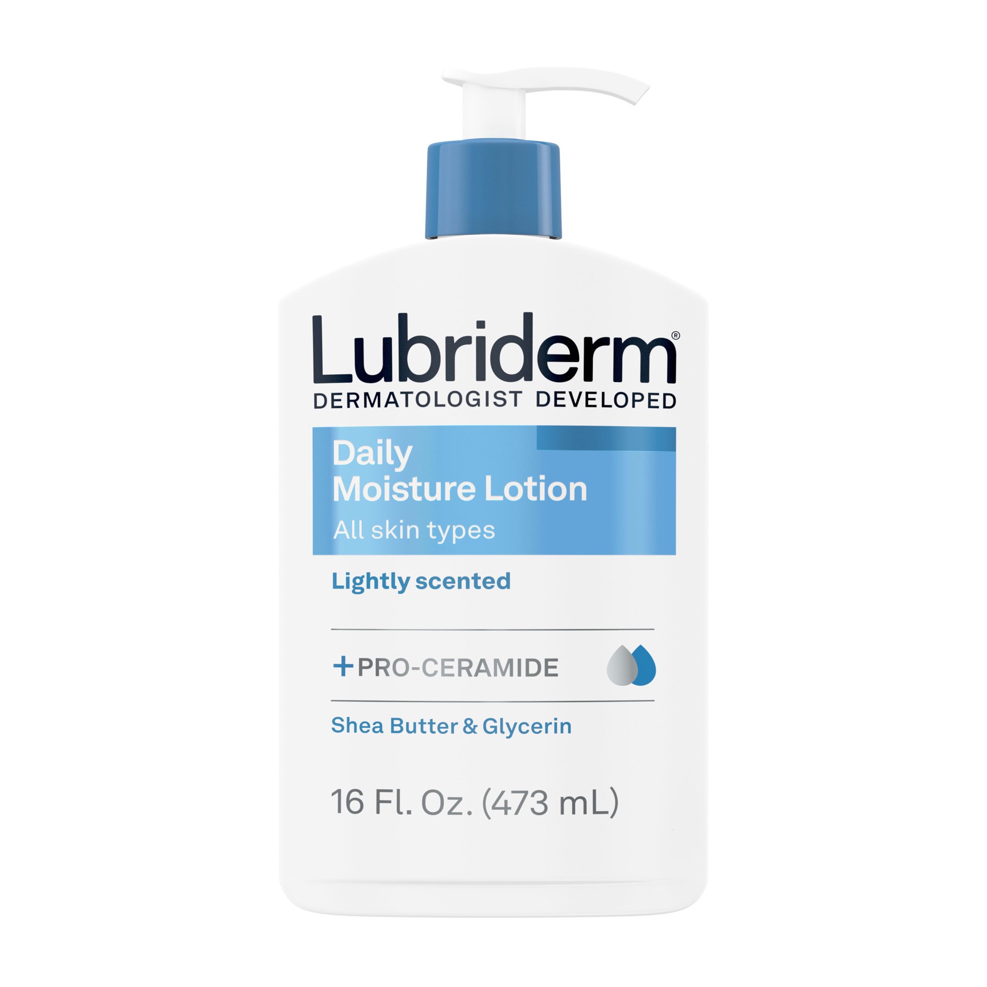 slide 1 of 9, Lubriderm Daily Moisture Lotion + Pro-Ceramide with Shea Butter & Glycerin Helps Moisturize Dry Skin, Hydrating Face, Hand & Body Lotion is Lightly Scented & Non-Greasy, 16 fl. oz, 16 fl oz