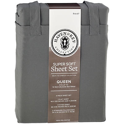 slide 1 of 1, Haven & Key Back To Campus Gray Super Soft Sheet Set, Queen Size