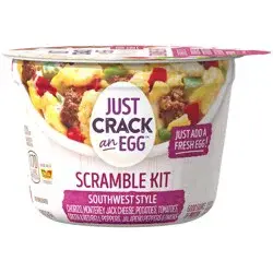 Just Crack an Egg Southwest Style Scramble Breakfast Bowl Kit with Chorizo, Monterey Jack Cheese, Potatoes, Tomatoes, Green and Red Bell Peppers, Jalapeno Peppers and Onions, 3 oz. Cup