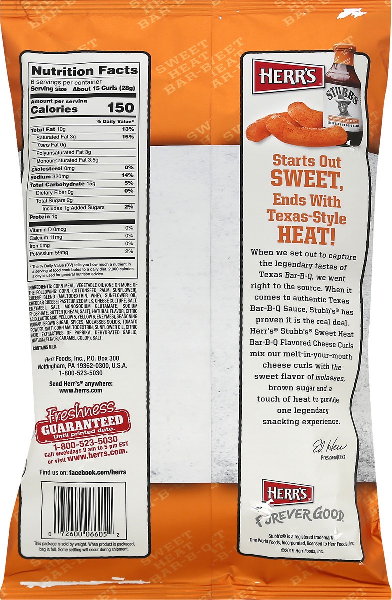 slide 8 of 8, Herr's Stubb's Sweet Heat Bar-B-Q Flavored Cheese Curls, 6 oz