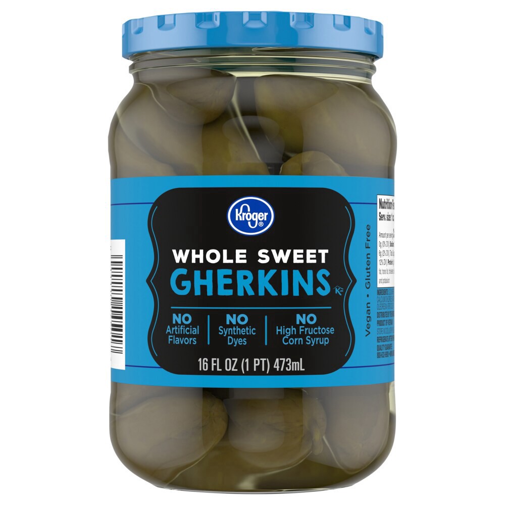 slide 1 of 1, Kroger® Whole Sweet Gherkins Pickles, 16 fl oz
