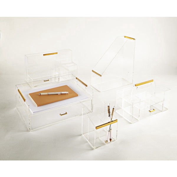 slide 2 of 2, Realspace Acrylic Desktop Caddy With Handle, 6"H X 9-7/8"W X 4-3/4"D, Clear/Gold, 1 ct
