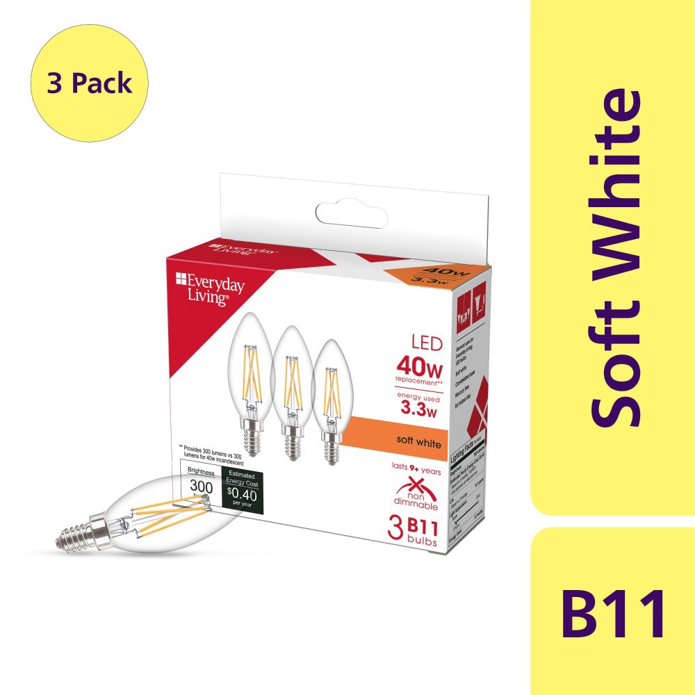 slide 2 of 2, Everyday Living 3.3-Watt(40-Watt) B11 Led Blunt Tip Light Bulbs, 3 ct