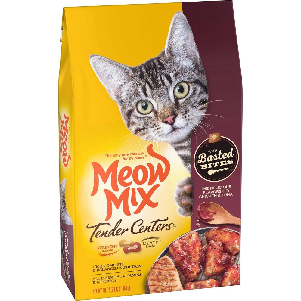 slide 14 of 15, Meow Mix Tender Centers Dry Cat Food with Basted Bites, Chicken & Tuna Flavors, 3 Pound Bag, 48 oz