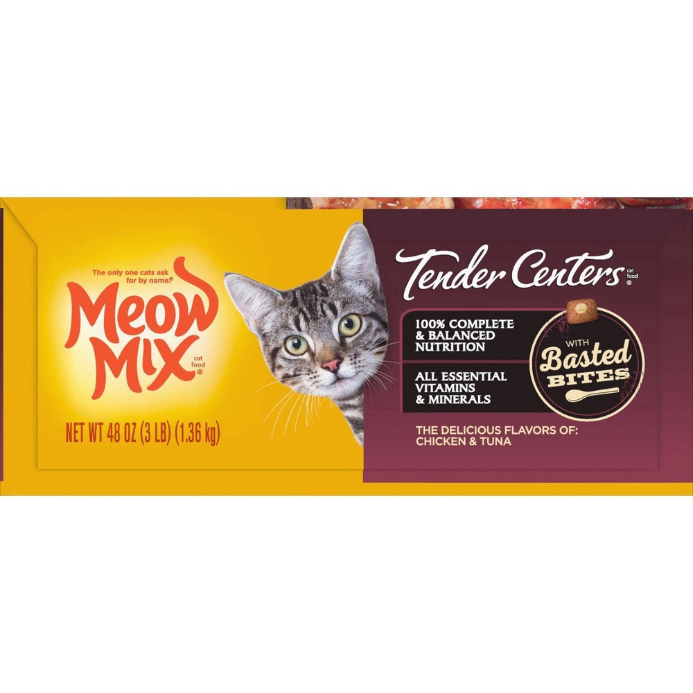 slide 13 of 15, Meow Mix Tender Centers Dry Cat Food with Basted Bites, Chicken & Tuna Flavors, 3 Pound Bag, 48 oz