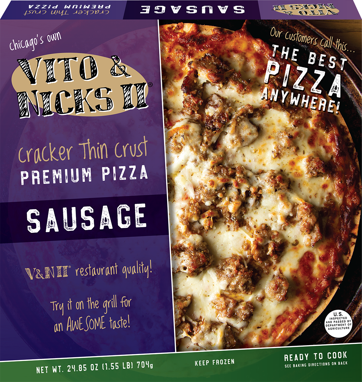 slide 1 of 5, Vito & Nicks II Premium Cracker Thin Crust Sausage Pizza 24.85 oz, 28.01 oz