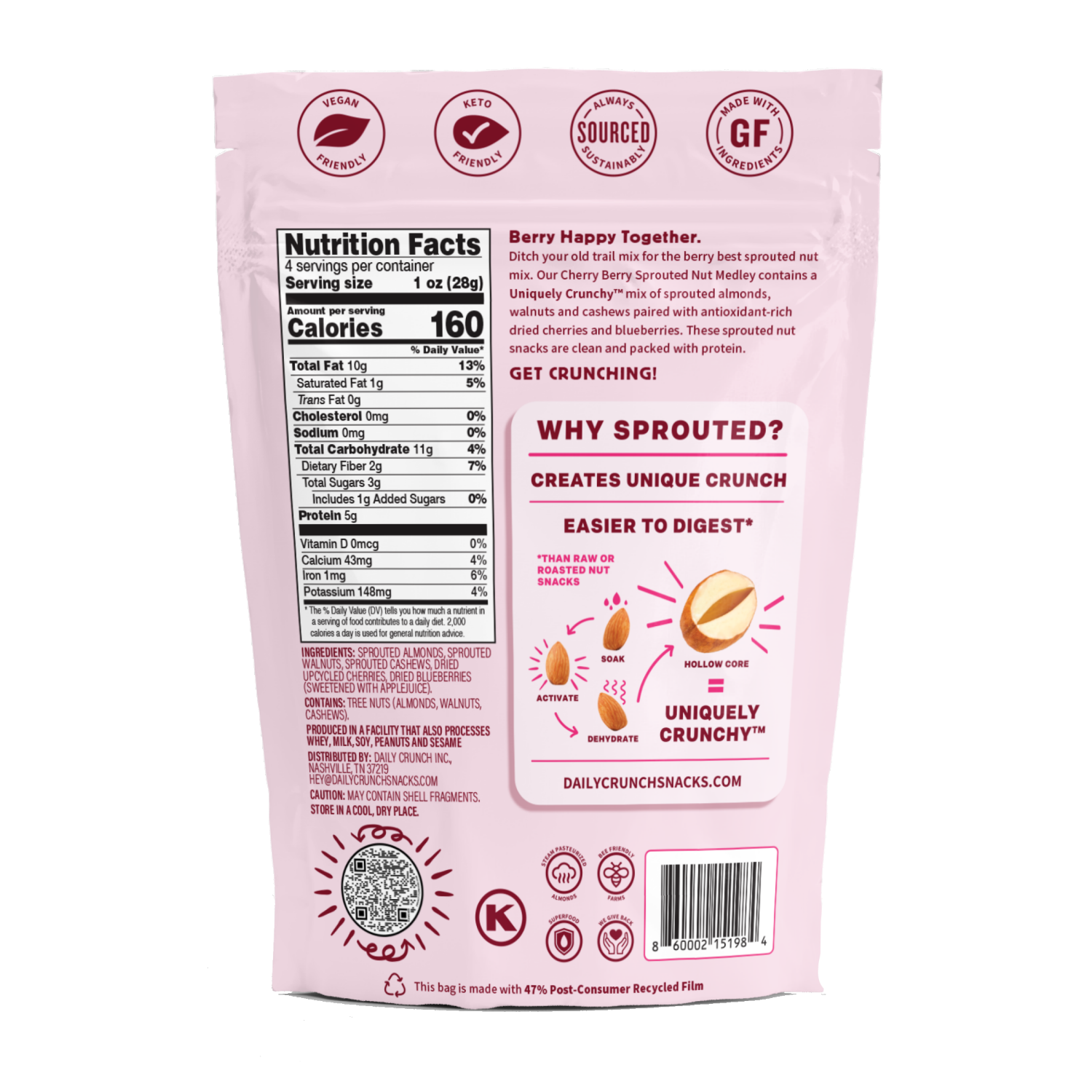 slide 2 of 2, Daily Crunch Ditch your old trail mix for the berry best sprouted nut mix. Our Cherry Berry Sprouted Nut Medley contains a Uniquely Crunchy™ mix of sprouted almonds, walnuts and cashews paired with antioxidant-rich dried cherries and blueberries., 4 oz