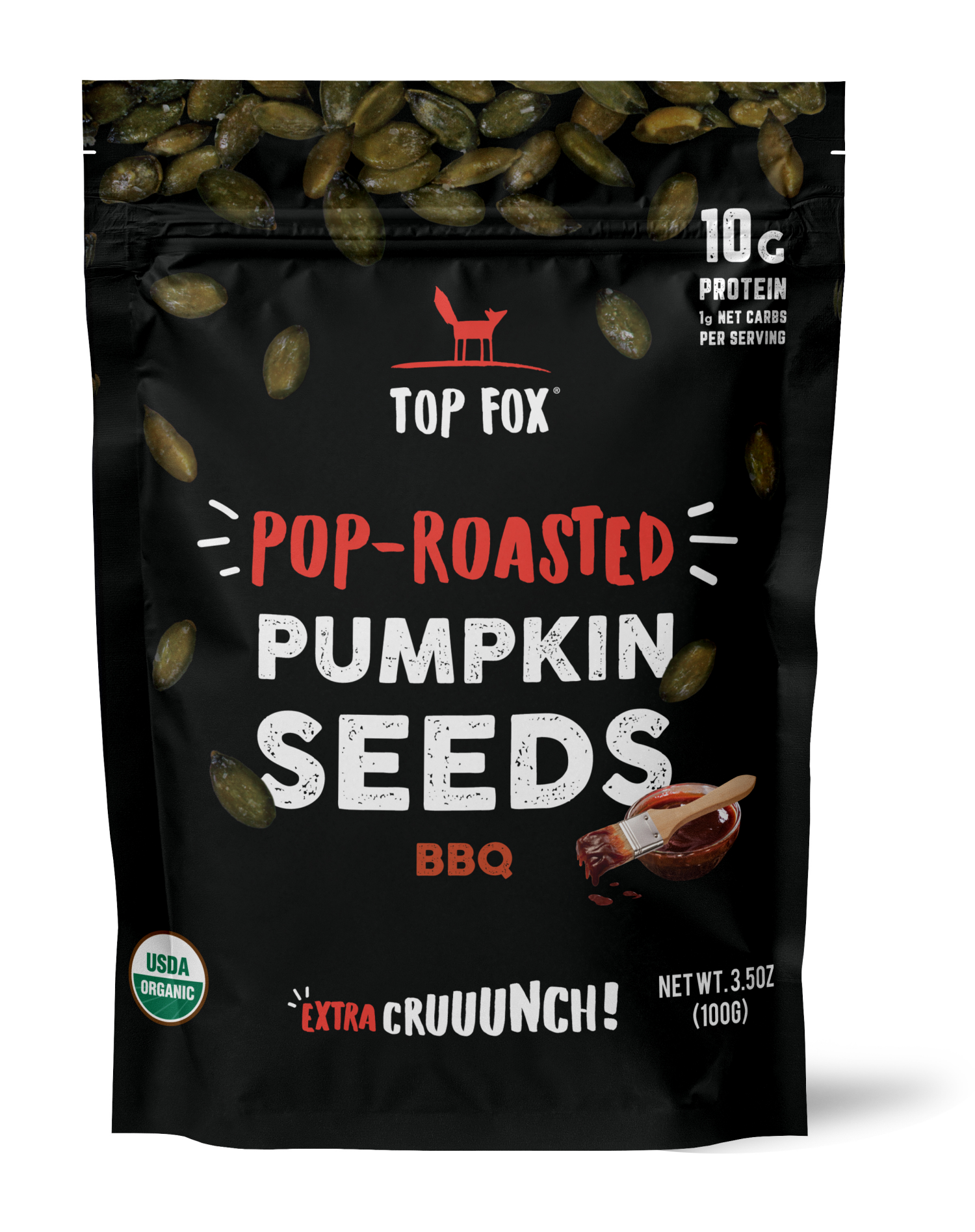 slide 1 of 2, Top Fox Pop-Roasted BBQ Pumpkin Seeds 3.5 oz, 3.5 oz