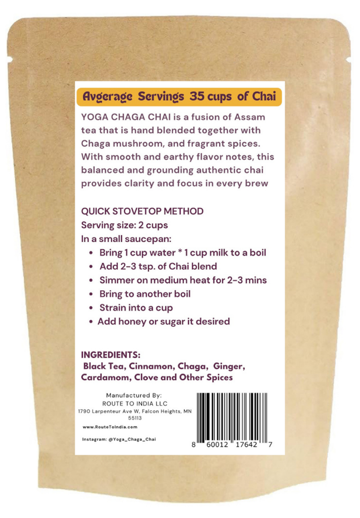 slide 2 of 2, YOGA CHAGA CHAI CLASSIC INDIAN SPICED TEA W/CHAGA MUSHROOMS 3.5oz, 3.5 oz