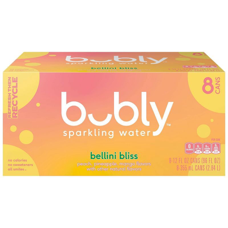 slide 1 of 5, bubly bellini bliss Sparkling Water - 8pk/12 fl oz Cans, 8 ct; 12 fl oz