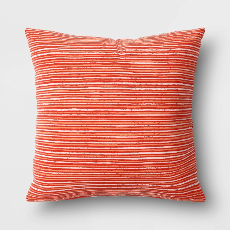 slide 1 of 4, 15"x15" Striped Square Outdoor Throw Pillow Red - Room Essentials™: Patio Accent, Recycled Polyester Cover, Comfort Filled, 1 ct