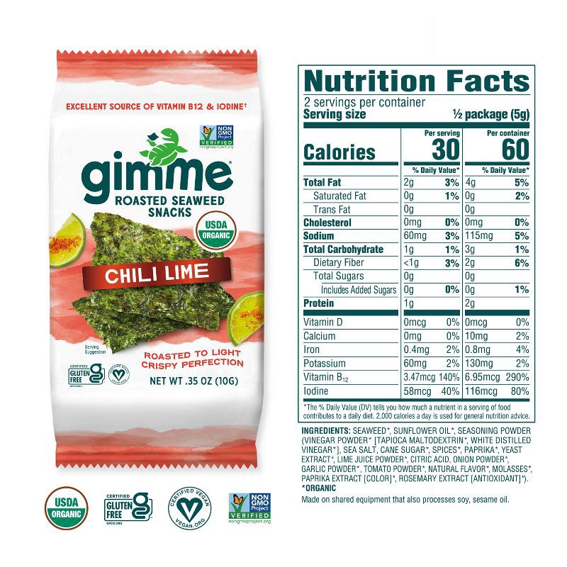 slide 5 of 7, Gimme Snacks Organic Roasted Seaweed Chip Chili Lime - .35oz, 0.35 oz