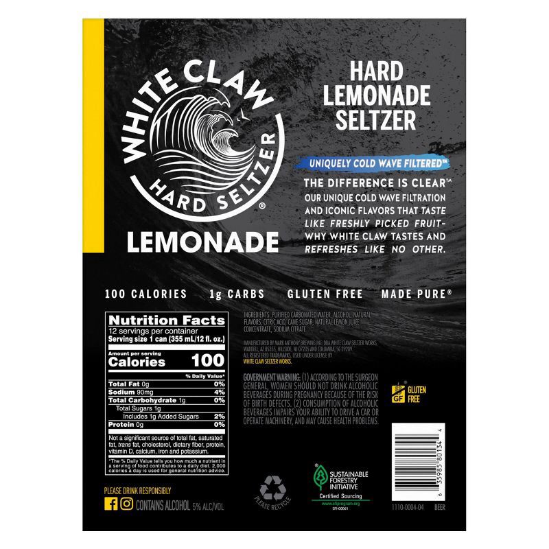 slide 6 of 6, White Claw Hard Seltzer White Claw Refresher Lemonade - 12pk/12 fl oz Cans, 12 ct; 12 fl oz