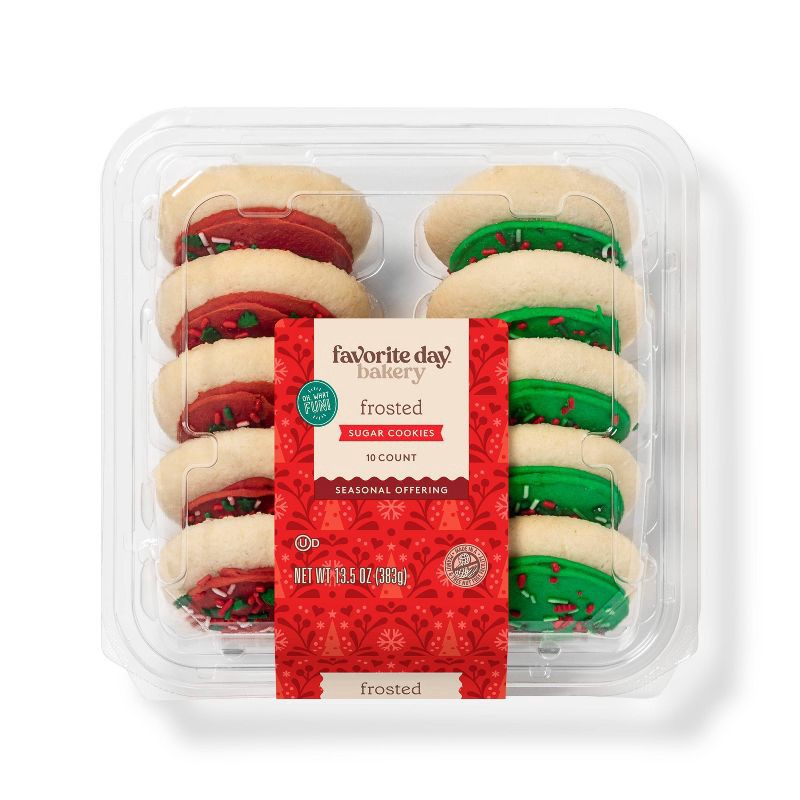 slide 1 of 3, Christmas Red & Green Frosted Sugar Cookies - 13.5oz/10ct - Favorite Day™, 10 ct; 13.5 oz