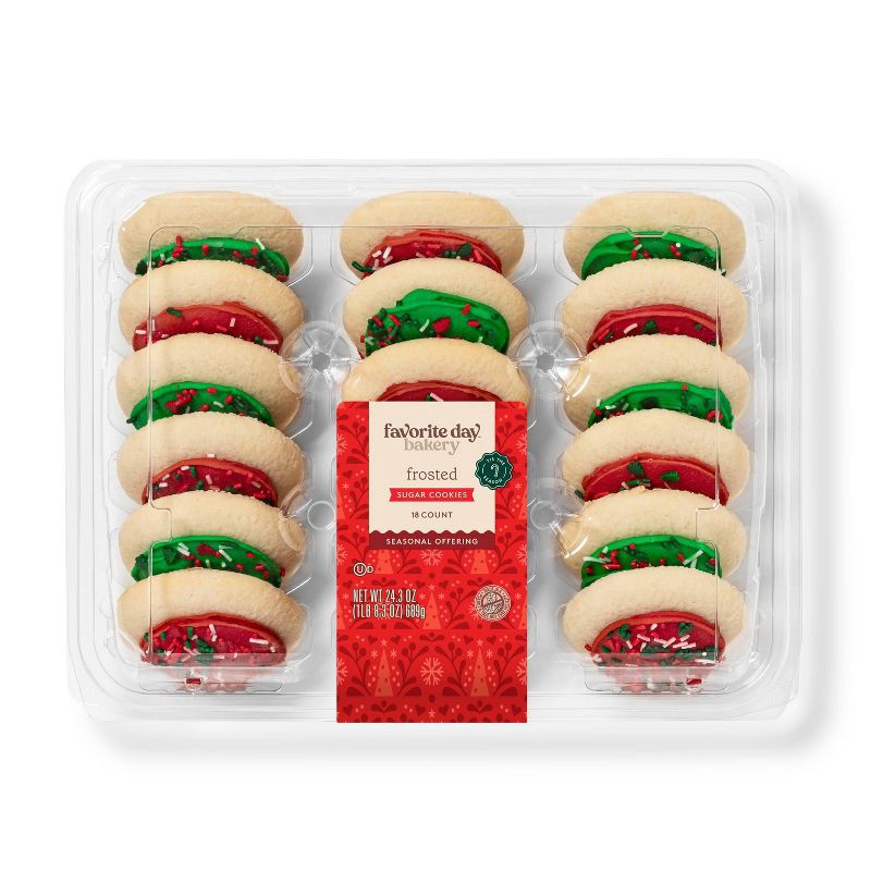 slide 1 of 3, Holiday Christmas Red & Green Frosted Sugar Cookies - 24.3oz/18ct - Favorite Day™, 24.3 oz, 18 ct