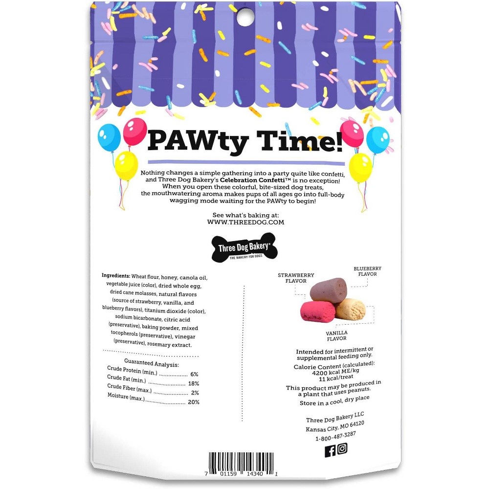 slide 3 of 3, Three Dog Bakery Celebration Confetti with Vanilla, Strawberry and Blueberry Crunchy Dog Treats - 8oz, 8 oz