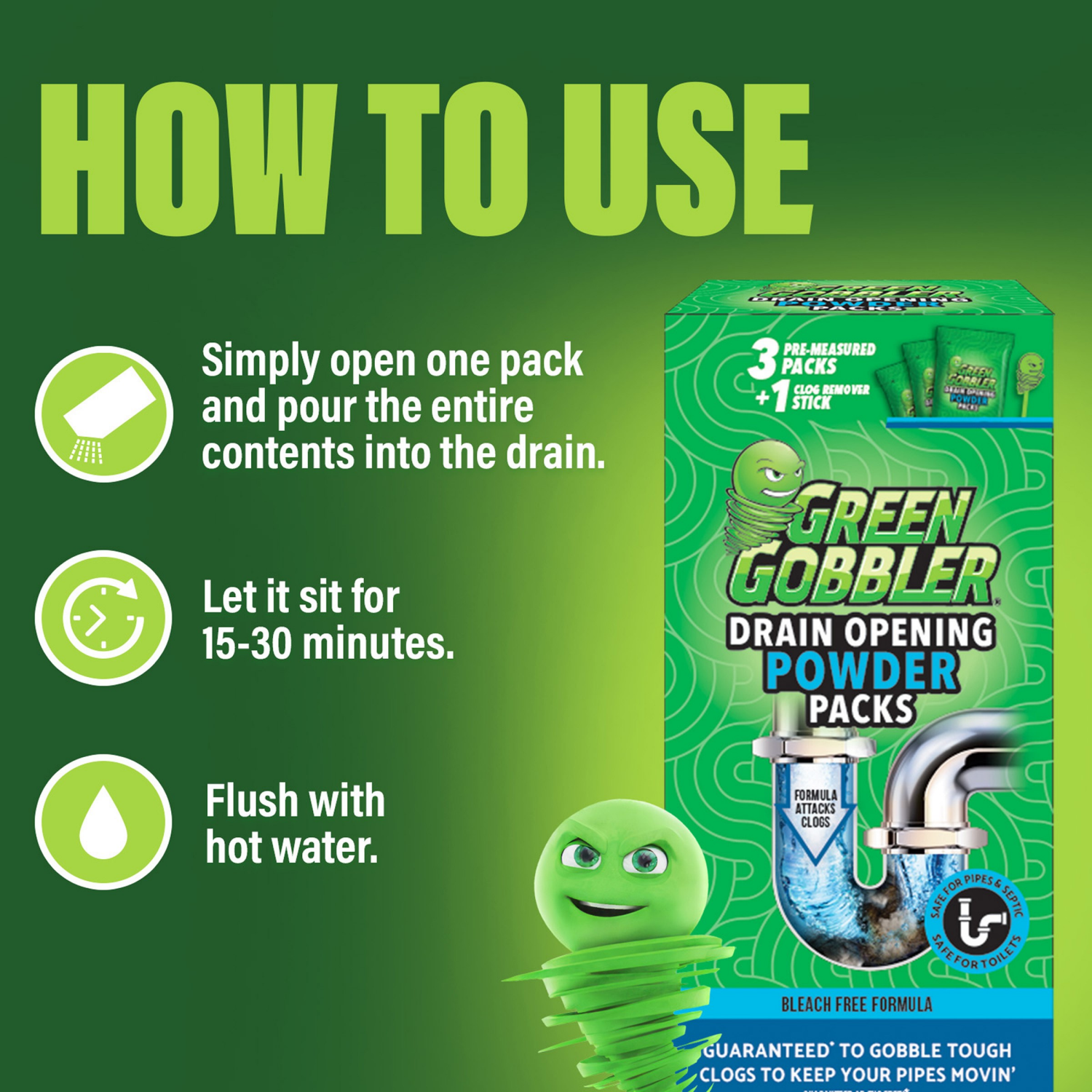 slide 8 of 8, Green Gobbler Drain Opening Pacs 3 - 6.53 oz Packs, 3 ct