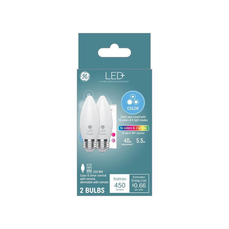 slide 1 of 5, General Electric GE 2pk Remote Included LED+ Decorative Color Changing Light Bulbs, 2 ct