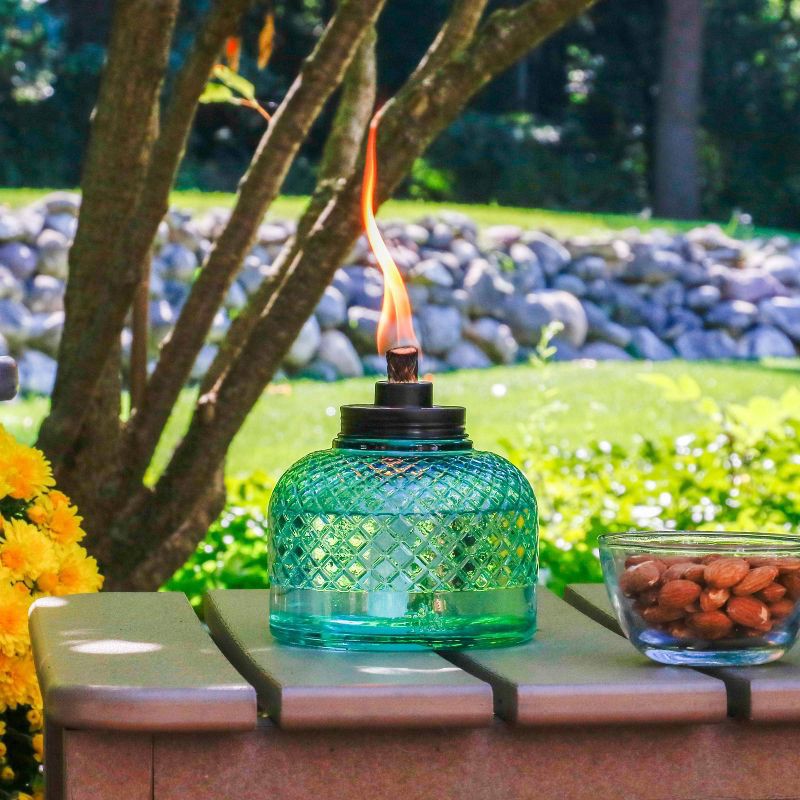 slide 2 of 6, TIKI Large Table Top Studded Glass Oil Lamp - Blue: Outdoor Ambiance, Fiberglass Wick, No Assembly Required, 1 ct