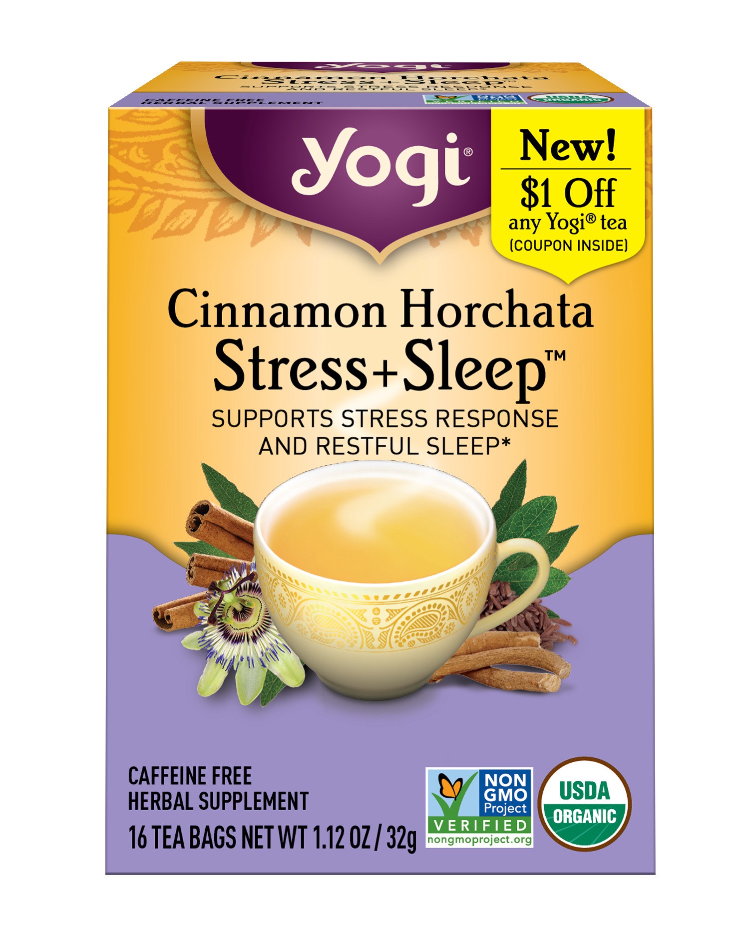 slide 4 of 5, Yogi Tea Cinnamon Horchata Stress + Sleep, Caffeine-Free Herbal Tea Bags, 16 Count, 16 ct