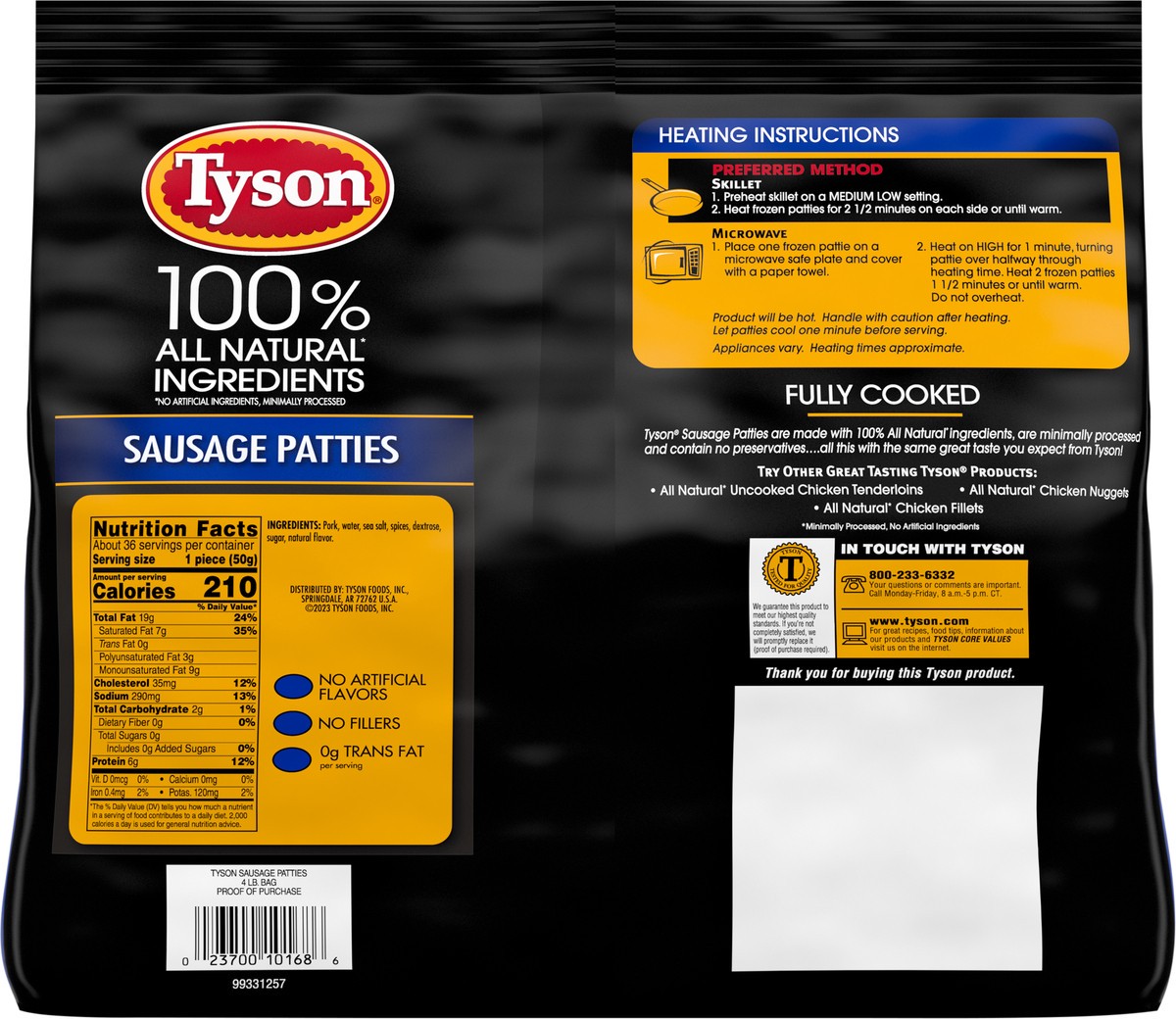 slide 5 of 5, Tyson Fully Cooked All Natural* Original Pork Sausage Patties, 4 lb. (Frozen), 1.81 kg