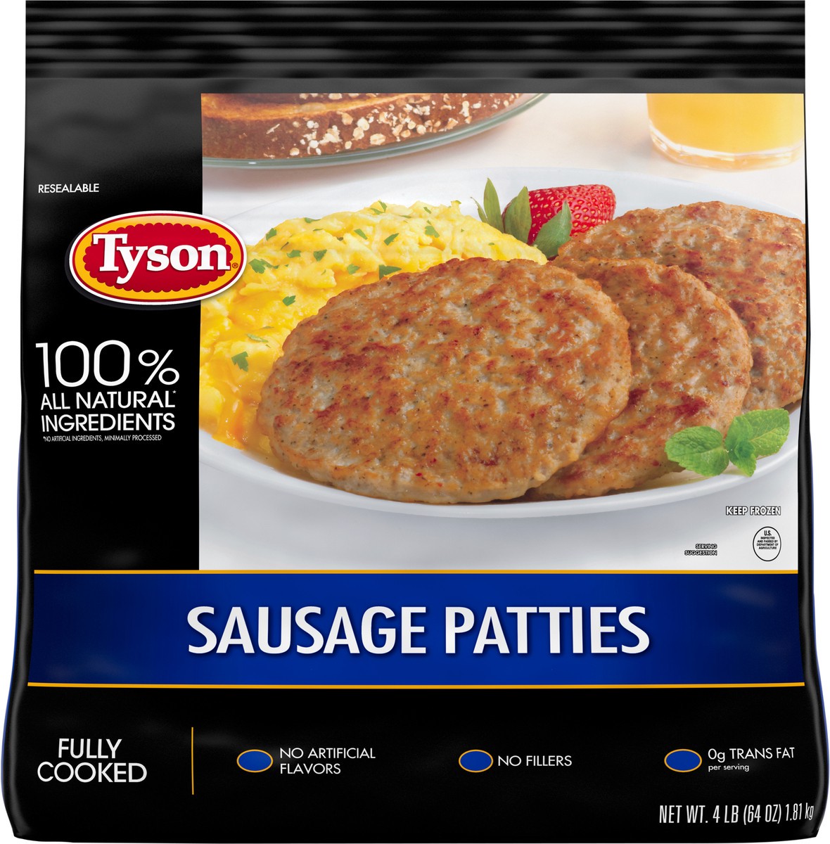 slide 3 of 5, Tyson Fully Cooked All Natural* Original Pork Sausage Patties, 4 lb. (Frozen), 1.81 kg