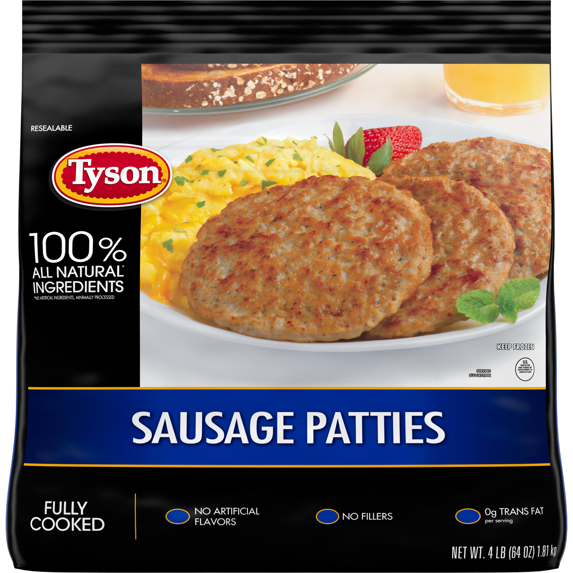 slide 1 of 5, Tyson Fully Cooked All Natural* Original Pork Sausage Patties, 4 lb. (Frozen), 1.81 kg