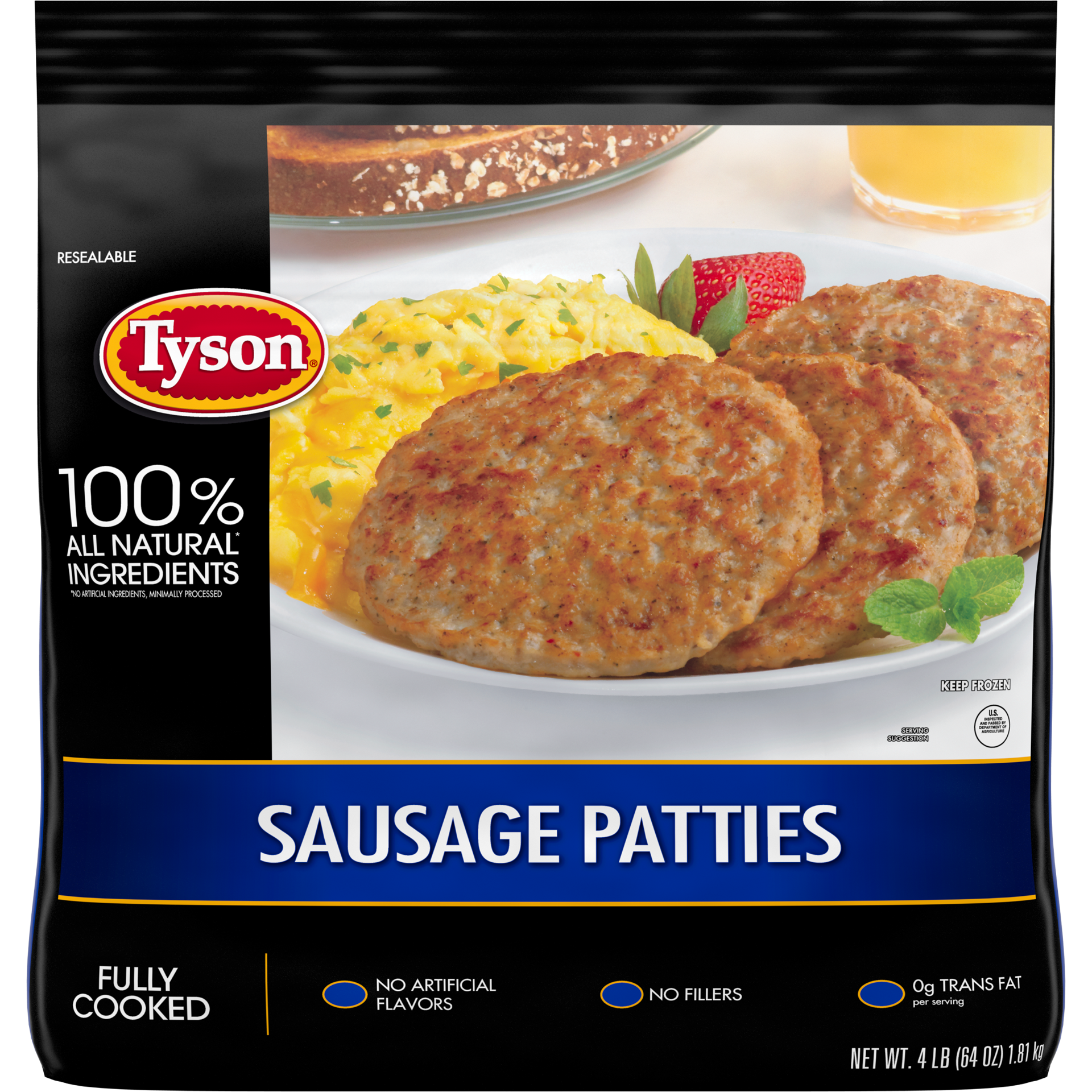 slide 1 of 5, Tyson Fully Cooked All Natural* Original Pork Sausage Patties, 4 lb. (Frozen), 1.81 kg