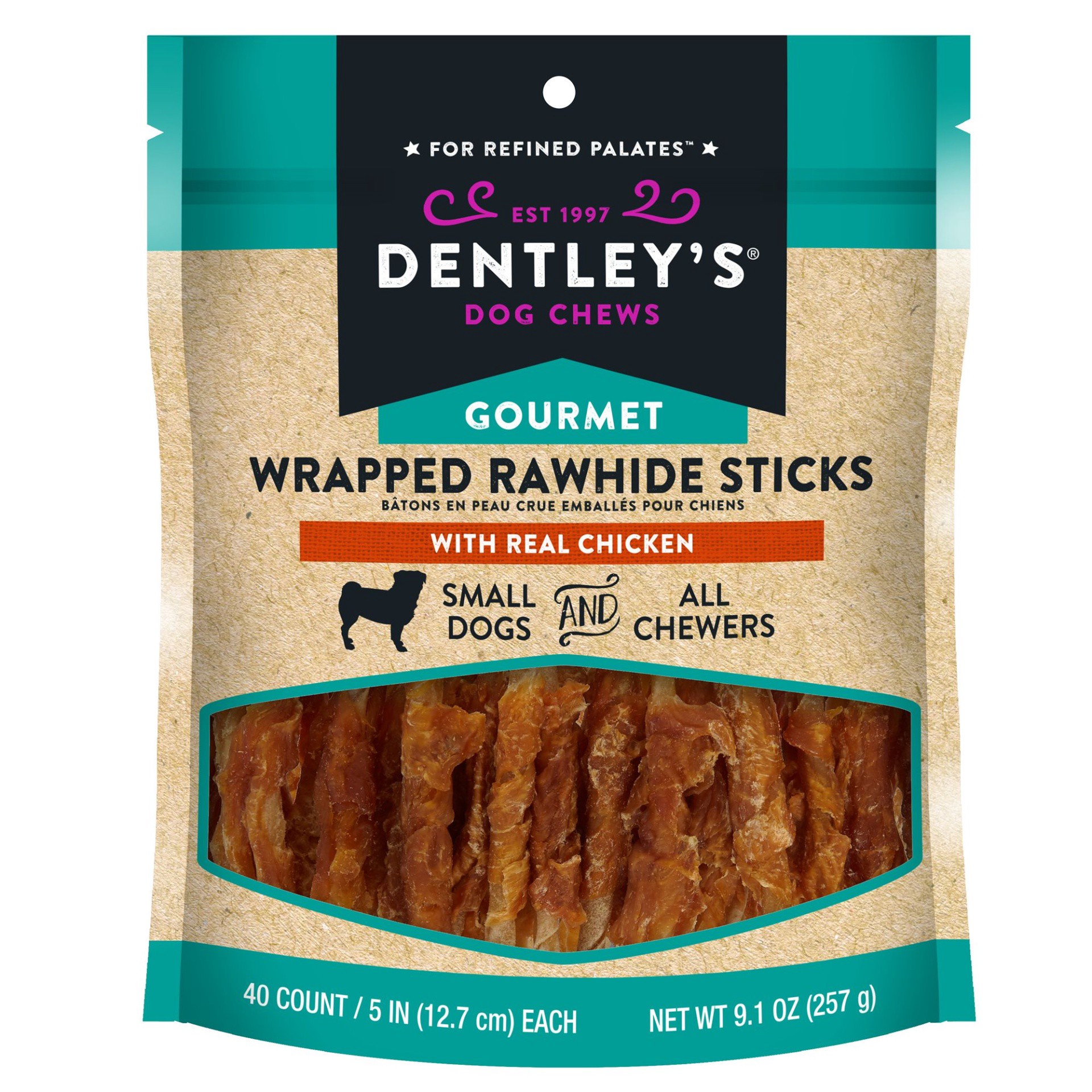 slide 1 of 1, Dentley's Gourmet 5 Retriever Sticks Dog Chew - Chicken", 40 ct