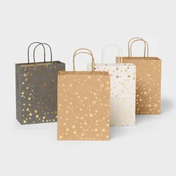 4pk Foil Print Stars Gift Bags White/Natural/Gray - Spritz™: Small Paper Gift Bags for All Occasions,