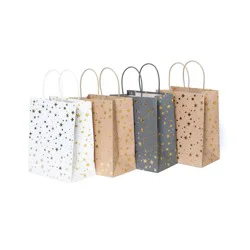 4pk Foil Print Stars Gift Bags White/Natural/Gray - Spritz™: Small Paper Gift Bags for All Occasions,