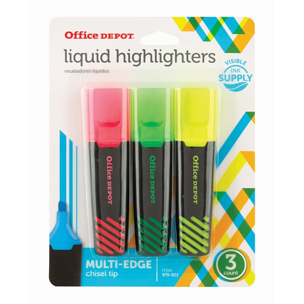 slide 1 of 5, Office Depot Brand Liquid Highlighters, Chisel Point, Black/Translucent Barrel, Assorted Ink Colors, Pack Of 3, 3 ct