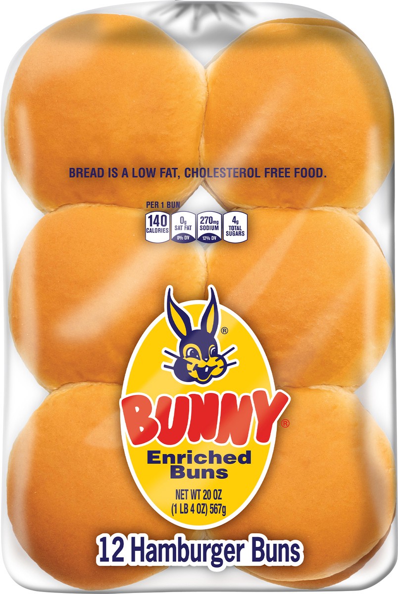 slide 4 of 11, Bunny Bread Hamburger Buns, Enriched Sliced White Bread Hamburger Buns, 12 Count, 1 ct