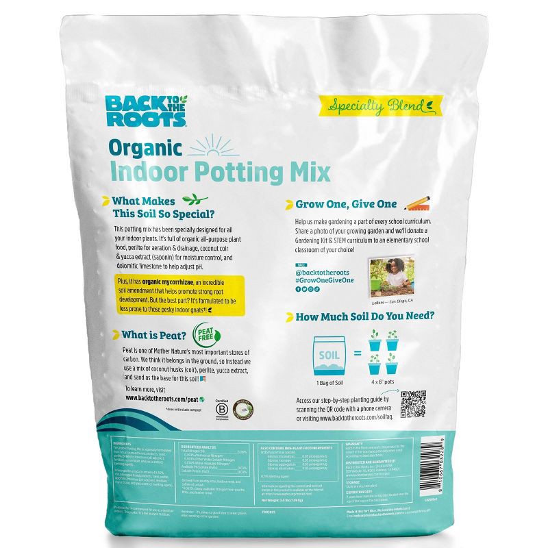 slide 12 of 13, Back to the Roots 6qt Organic Indoor Potting Mix For Houseplants Specialty Mix: Perlite, Coconut Coir, Mycorrhizae, 6 qt