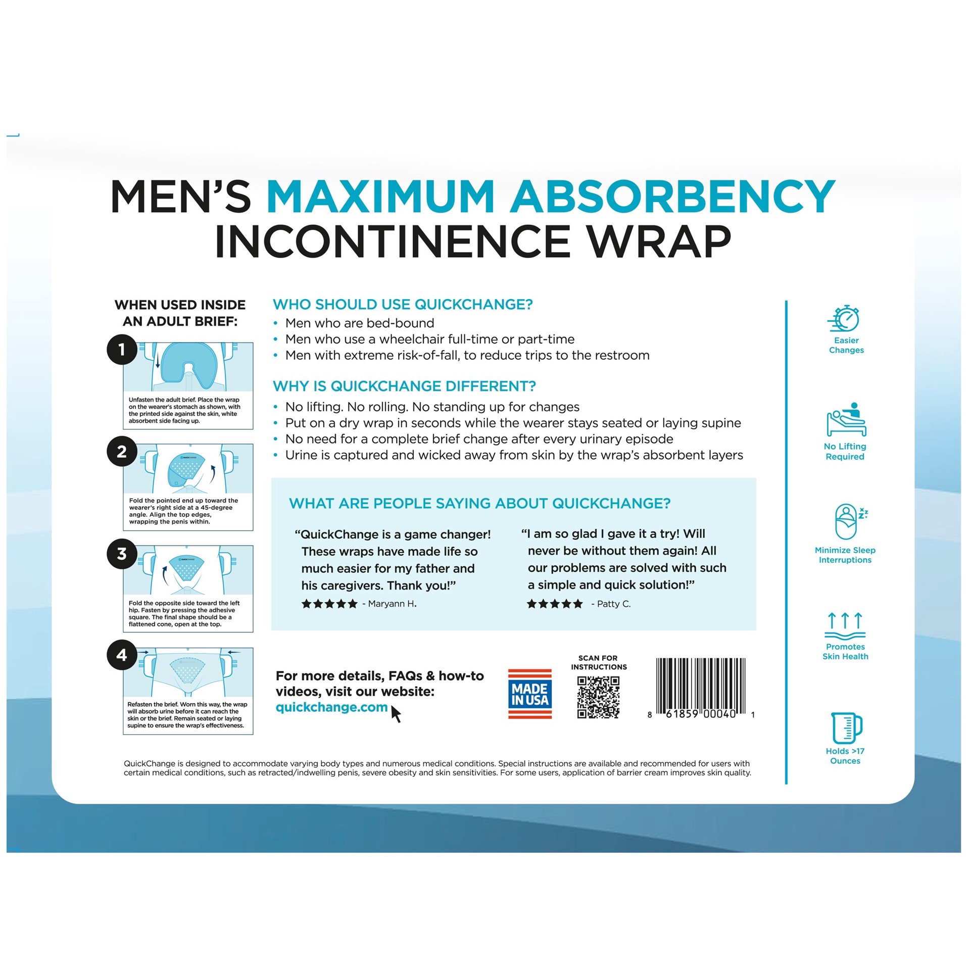 slide 3 of 5, QUICK CHANGE Quickchange Male Incontinence Wrap, Maximum Absorbency, One Size, 105 Ct, 105 ct
