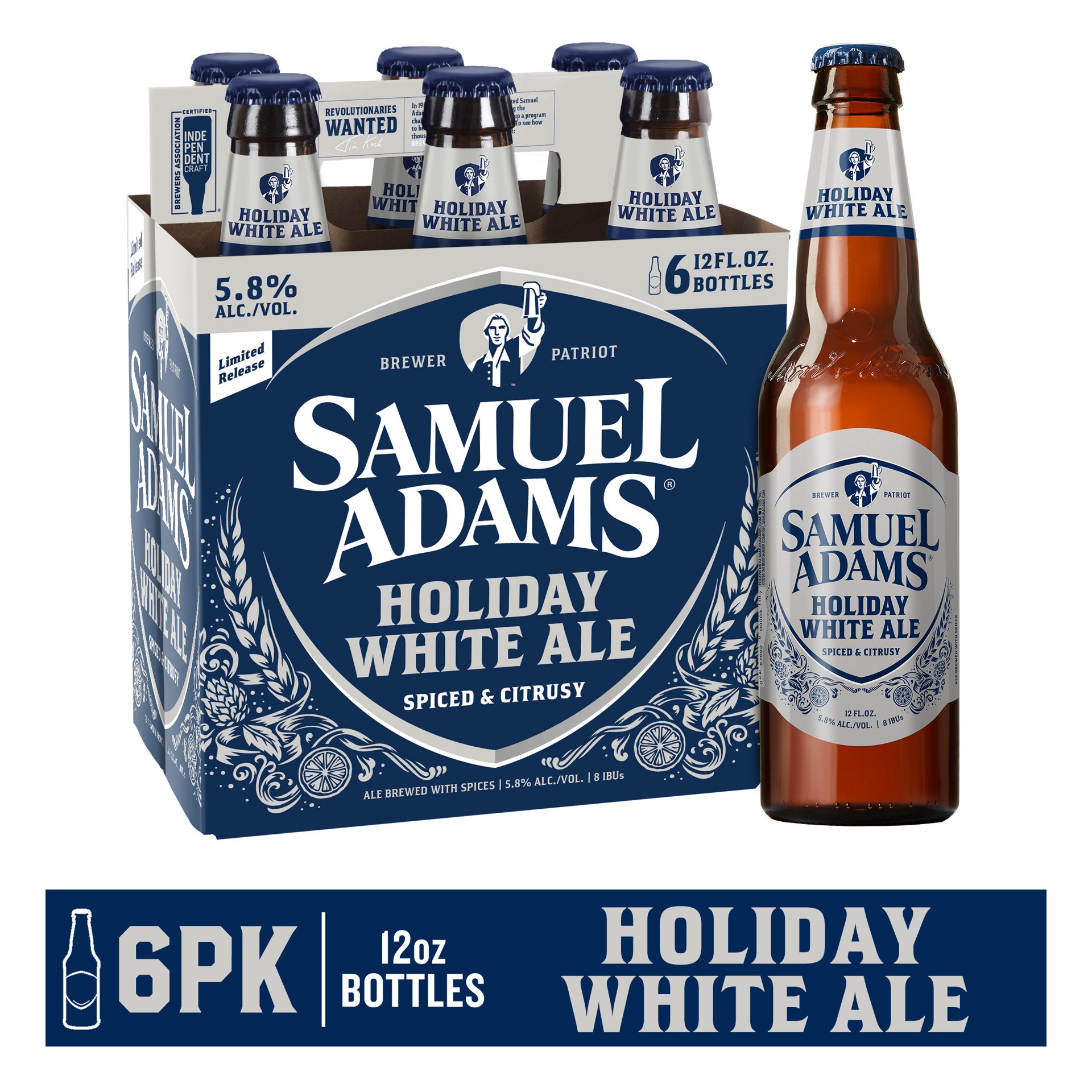 slide 1 of 10, Samuel Adams Holiday White Ale Seasonal Beer (12 fl. oz. Bottle, 6pk.), 6pk; 12 fl oz 