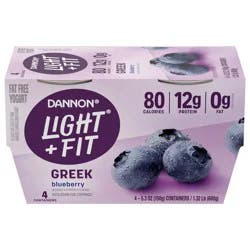 Dannon Light + Fit Blueberry Greek Fat Free Yogurt Pack, 4 Ct, 5.3 OZ Cups