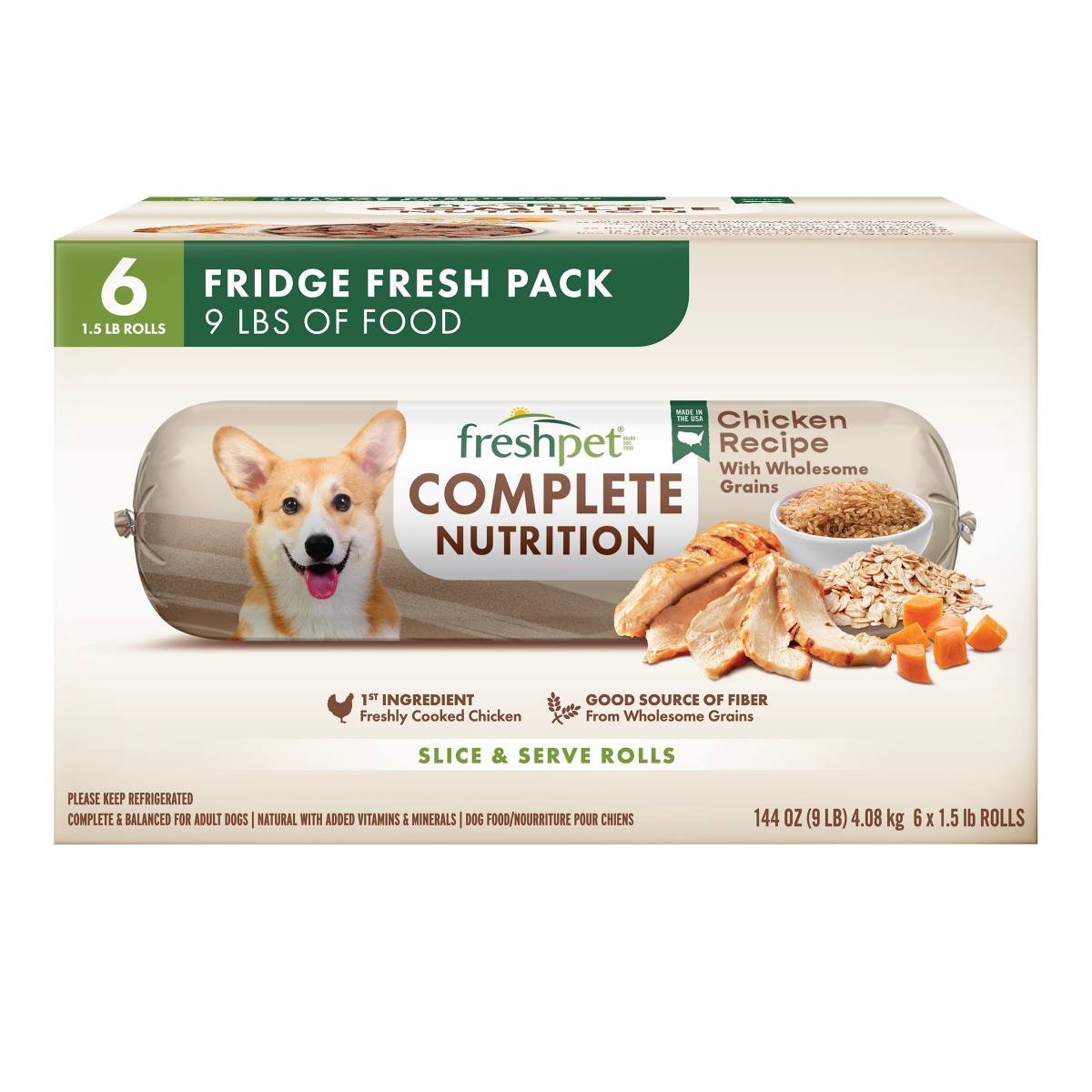 slide 1 of 5, Freshpet Healthy & Natural Dog Food, Complete Nutrition Chicken Roll Multipack 6 x 1.5lb, 6 ct