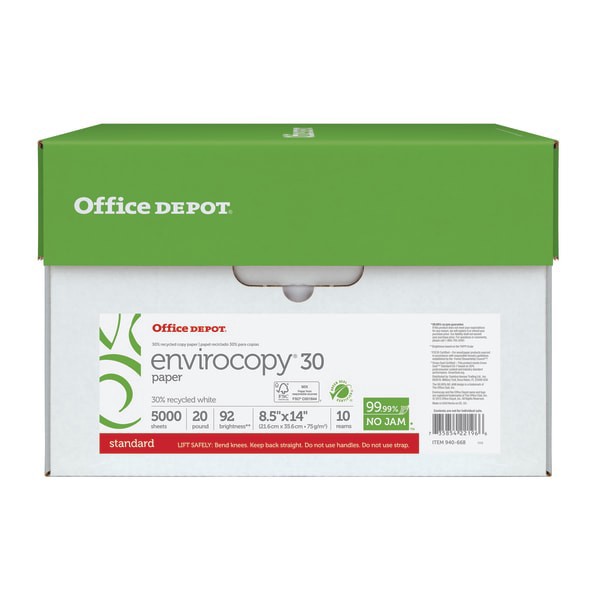 slide 3 of 4, Office Depot® EnviroCopy® Copy Paper, 10 Reams, White, Legal (8.5"" x 14""), 5000 Sheets Per Case, 20 Lb, 30% Recycled, FSC® Certified, 10 ct