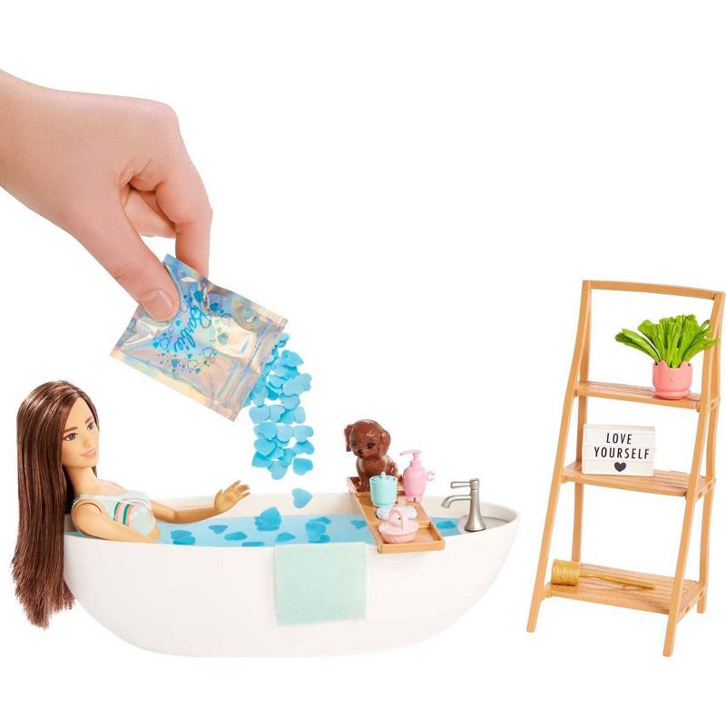 slide 2 of 6, Barbie Doll & Bathtub Playset - Confetti Soap & Accessories - Brunette, 1 ct