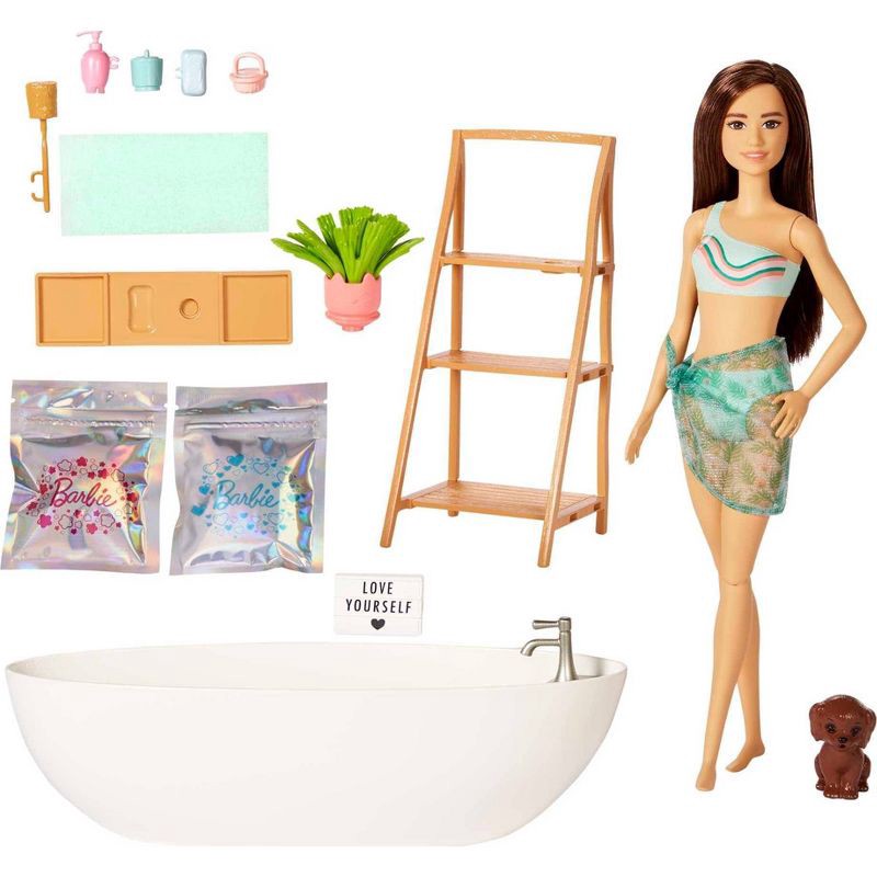 slide 1 of 6, Barbie Doll & Bathtub Playset - Confetti Soap & Accessories - Brunette, 1 ct