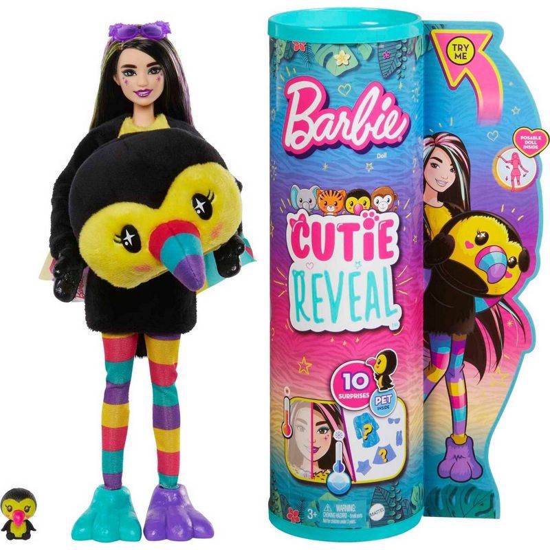 slide 1 of 6, Barbie Cutie Reveal Jungle Series Toucan Doll, 1 ct