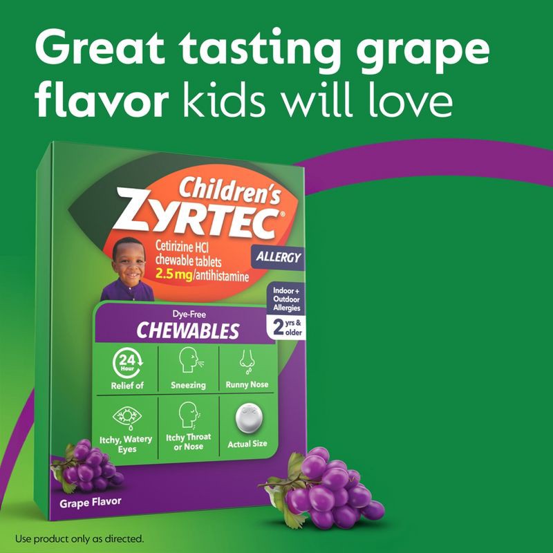 slide 4 of 9, Zyrtec Children's Dye Free Cetirizine 2.5mg Chewables - Grape - 24ct, 2.5mg, 24 ct